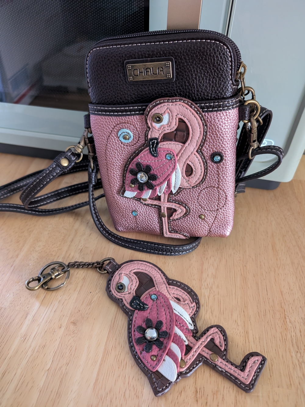 Chala Pink Flamingo Crossbody Phone Bag with Keychain
